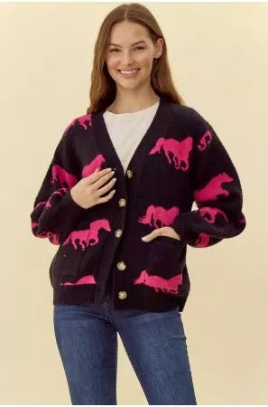 Black Pink Horse Puff Sleeve Cardigan