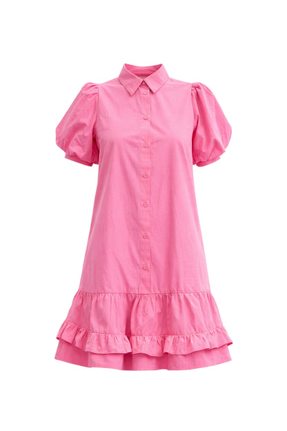 Pink Puff Sleeve Cotton Dress