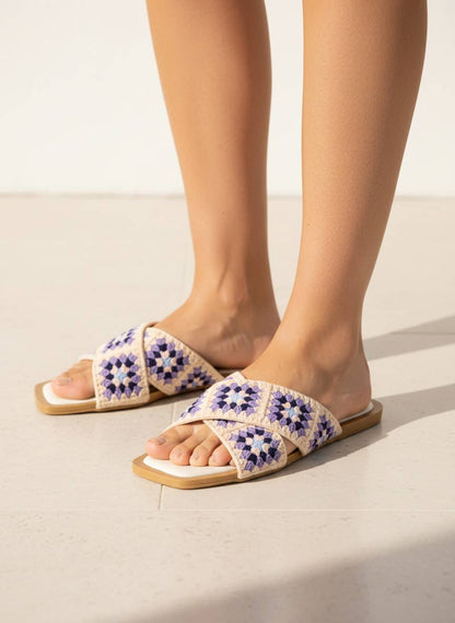 HAYDEN Crochet Granny Square Cross Strap Flat Sandals