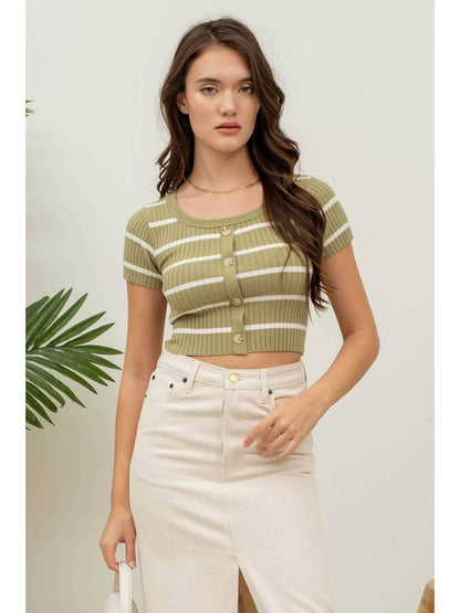 Olive Stripe Short Sleeve Button Down Knit Crop Top