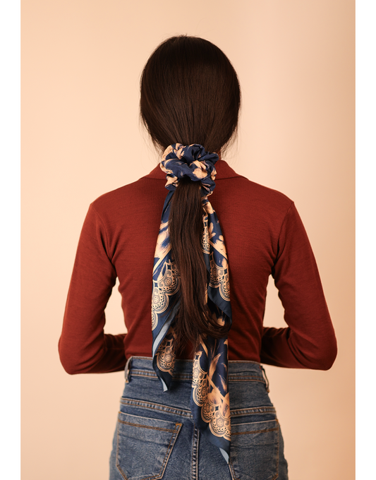Navy Botanical Scarf and Scrunchie Set