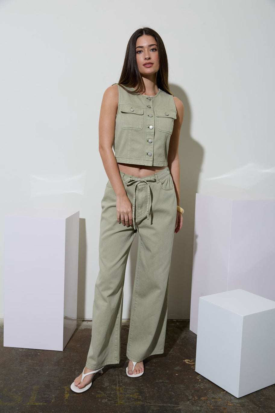 Olive Denim Vest and Drawstring Pant Set
