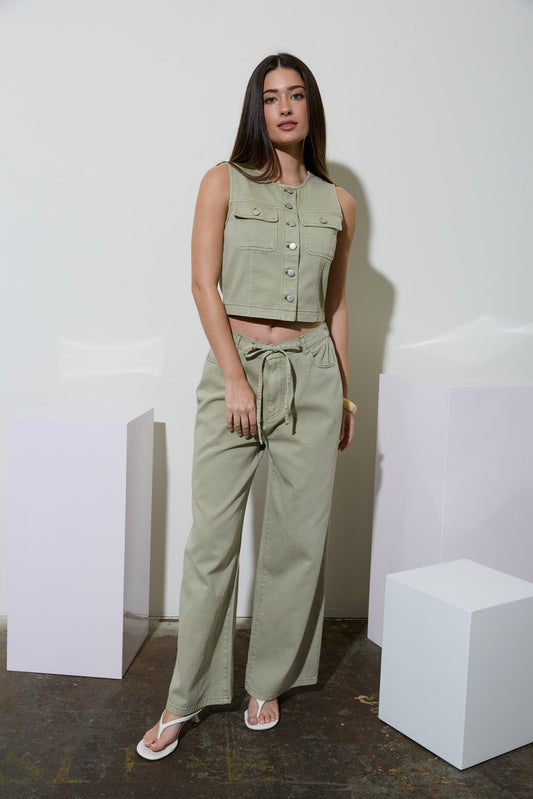 Olive Denim Vest and Drawstring Pant Set