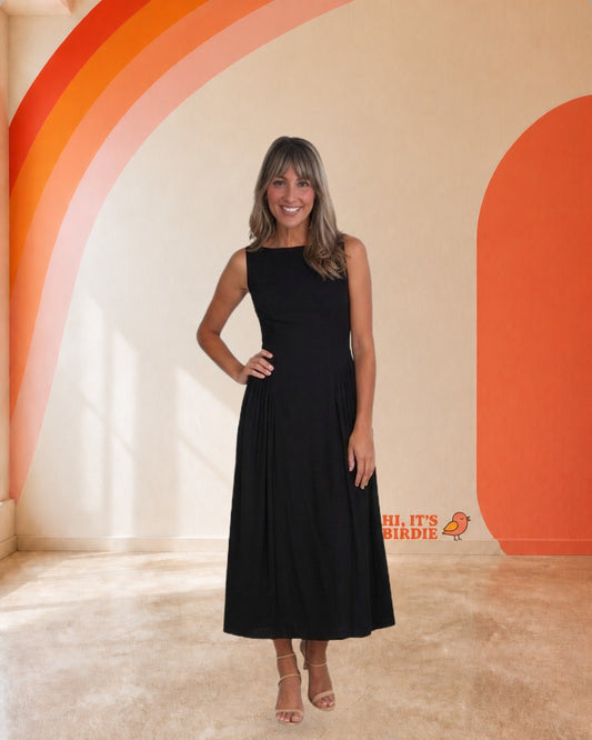 Black-Boat-Neck-Sleeveless-Basque-Waist-Midi-Dress