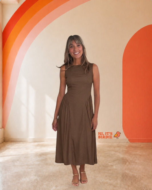 Brown-Boat-Neck-Sleeveless-Basque-Waist-Midi-Dress
