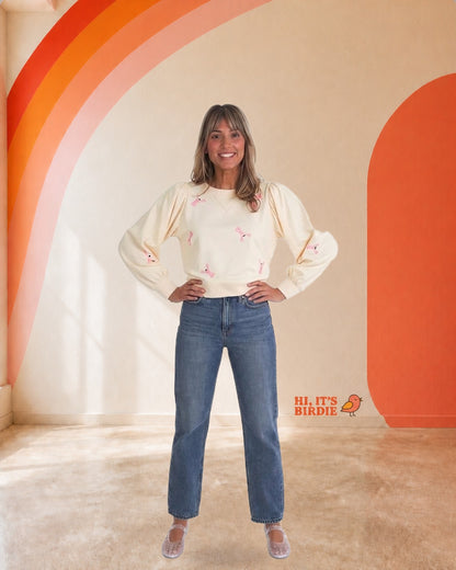 Cream Embroidered Bow Puff Sleeve Sweater