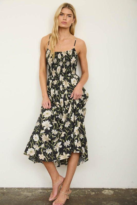 Midnight Bloom Basque Midi Dress