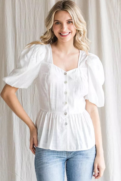 White Puff Sleeve Peplum Blouse