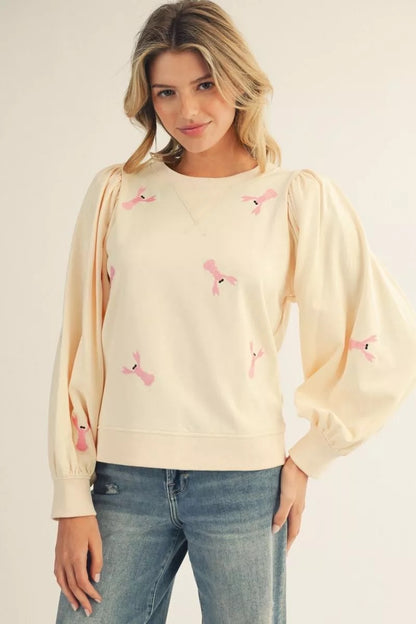 Cream Embroidered Bow Puff Sleeve Sweater
