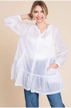 White Ruffle Hem Hooded Tunic