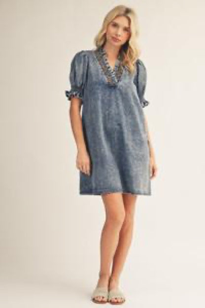 Blue Skies Denim Puff-Sleeve Dress