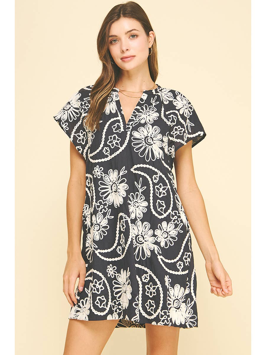 Floral Print Embroidered Mini Dress