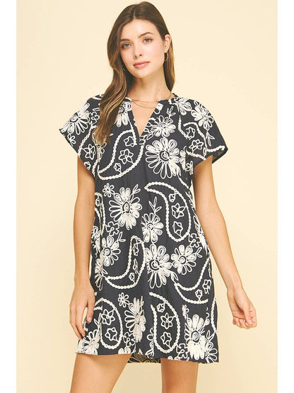 Floral Print Embroidered Mini Dress