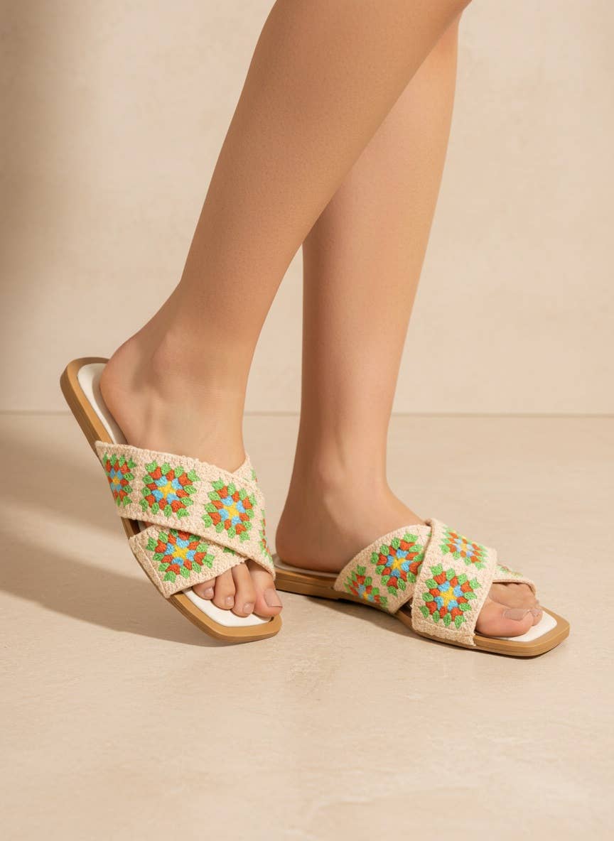 HAYDEN Crochet Granny Square Cross Strap Flat Sandals