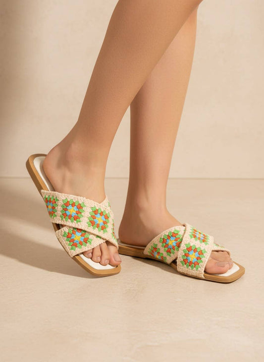 HAYDEN Crochet Granny Square Cross Strap Flat Sandals